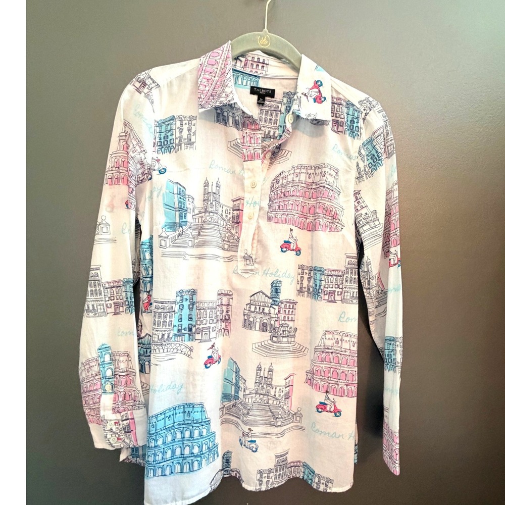 Talbots Tunic Top Womens SP White Pink Roman Holiday Excellent Cotton Poplin